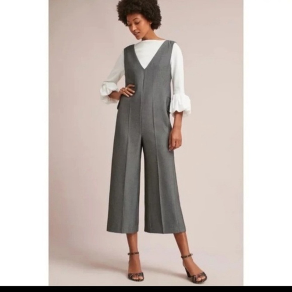 Anthropologie Cartonnier Wide Leg Black/Gray Tweed Herring Bone Jumpsuit SZ M